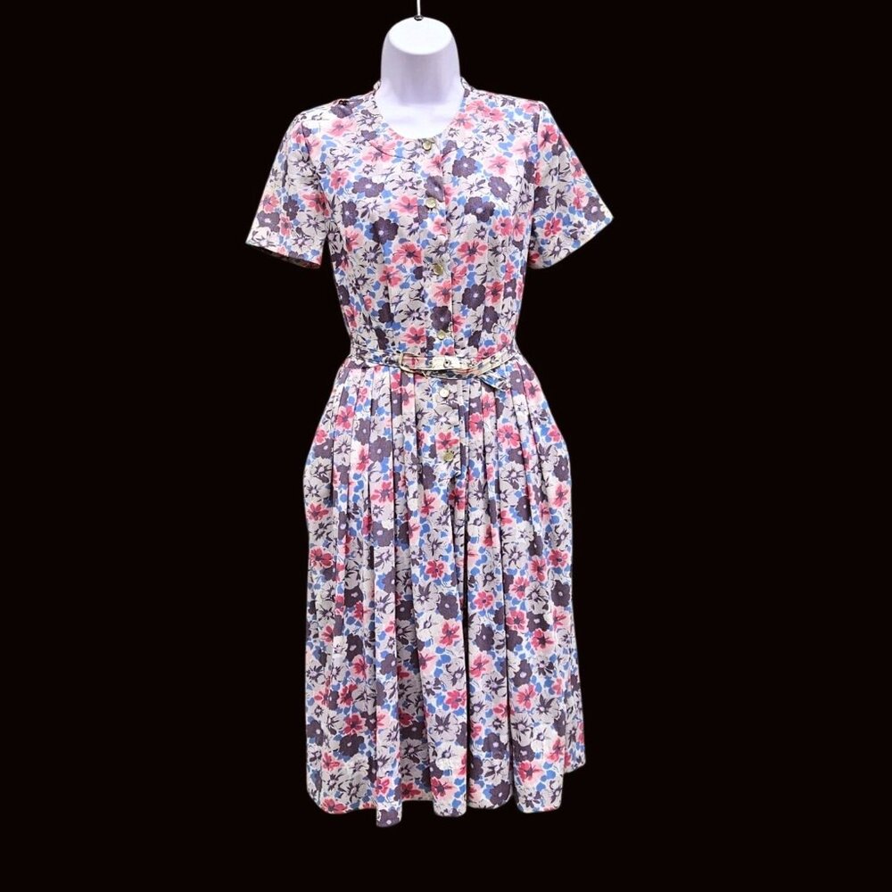 Vintage 60s Floral Midi Dress Shelton Stroller S Fit and Flare Short Sleeve